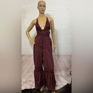 FREE PEOPLE “Freya Crochet One-Piece” brown womens boho 60’s vibe jumpsuit XS